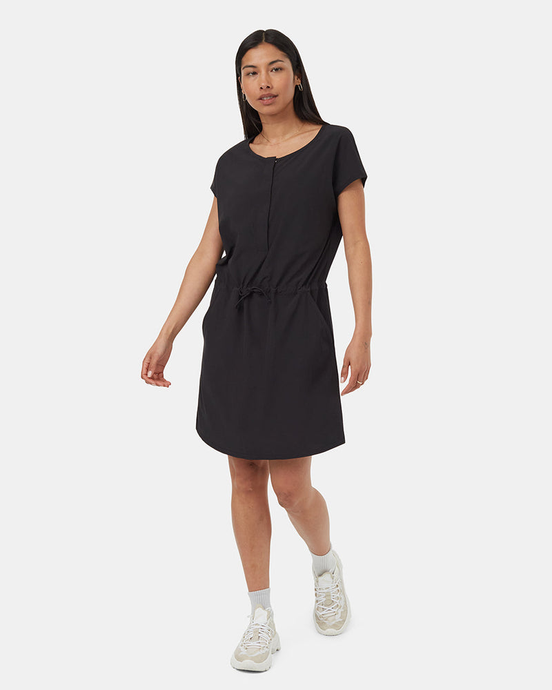 Black-Cap-Sleeve-Drawstring-Waist-Mini-Dress