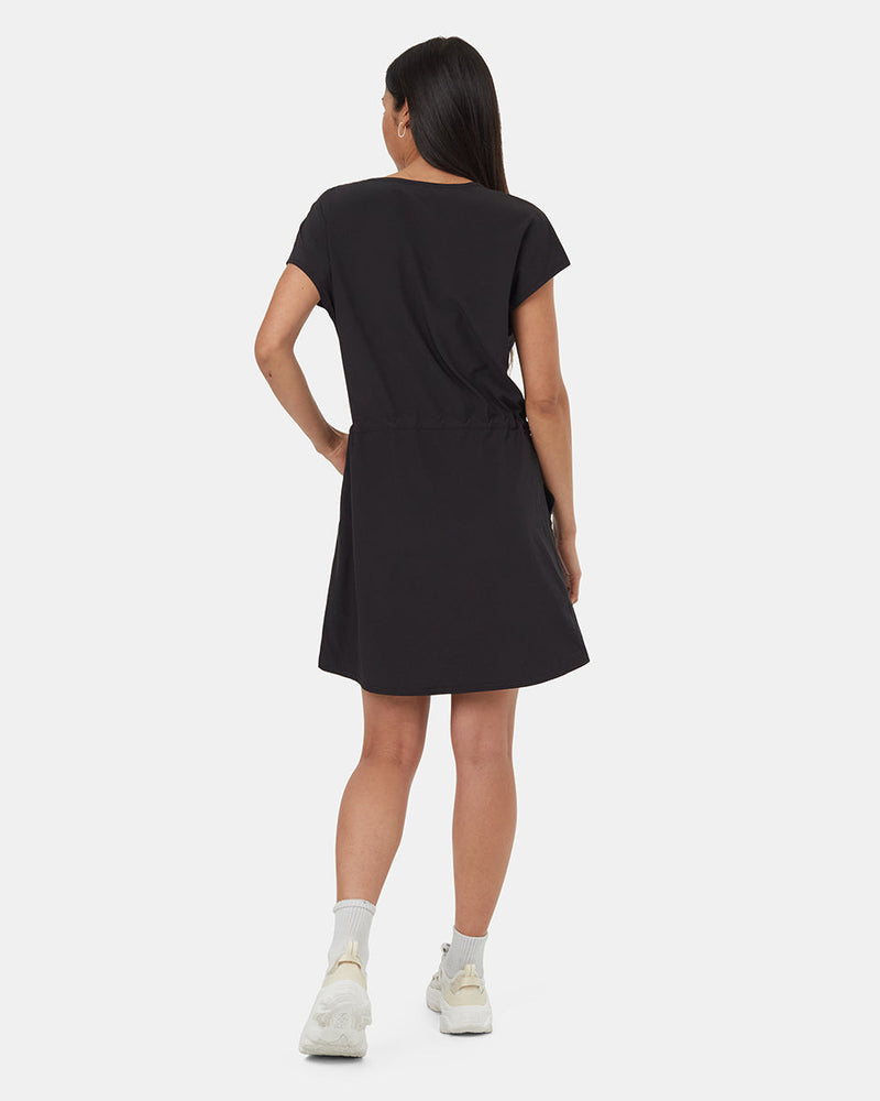 Black-Cap-Sleeve-Drawstring-Waist-Mini-Dress