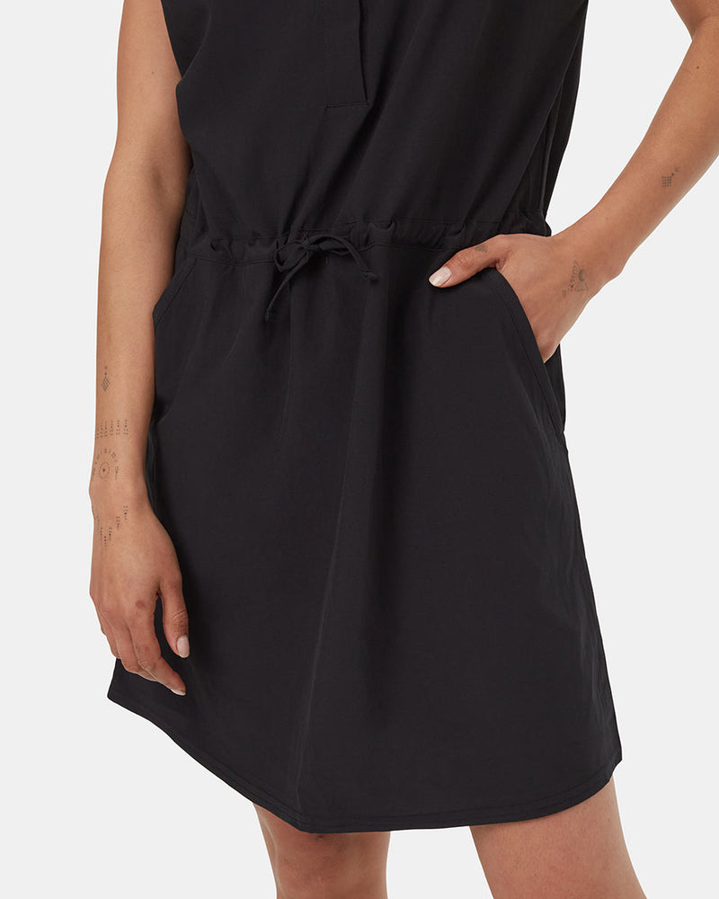 Black-Cap-Sleeve-Drawstring-Waist-Mini-Dress