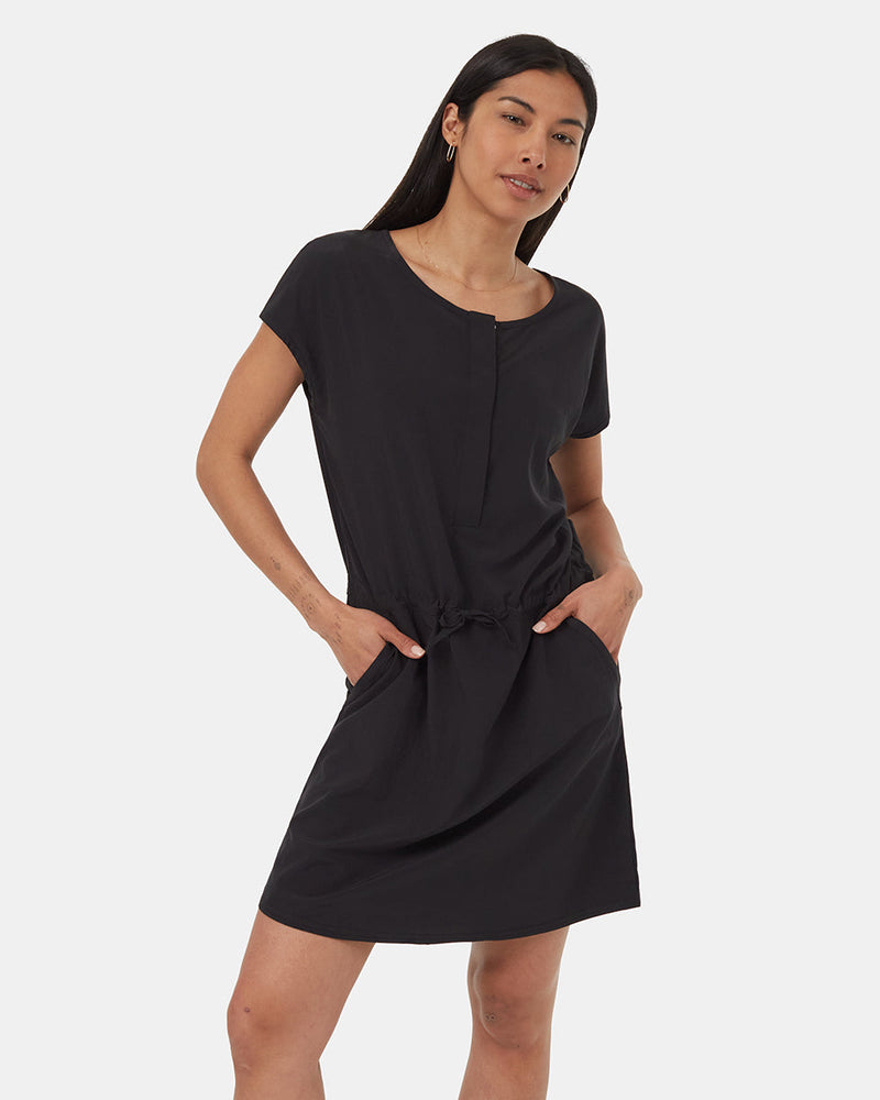 Black-Cap-Sleeve-Drawstring-Waist-Mini-Dress
