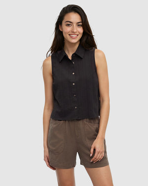 Black-Organic-Cotton-Sleeveless-Button-Shirt *Model is 5'9", wearing size S