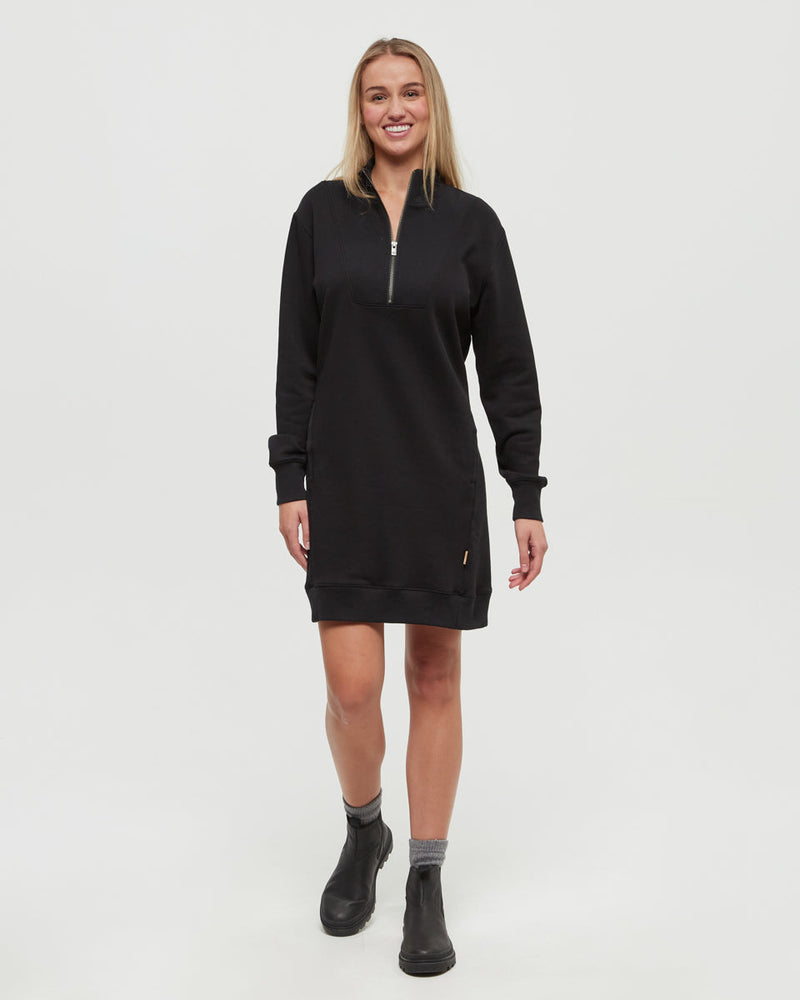 Black-Relax-Treefleece-Mock-Neck-Zip-Dress *Model is 5'9", wearing size S