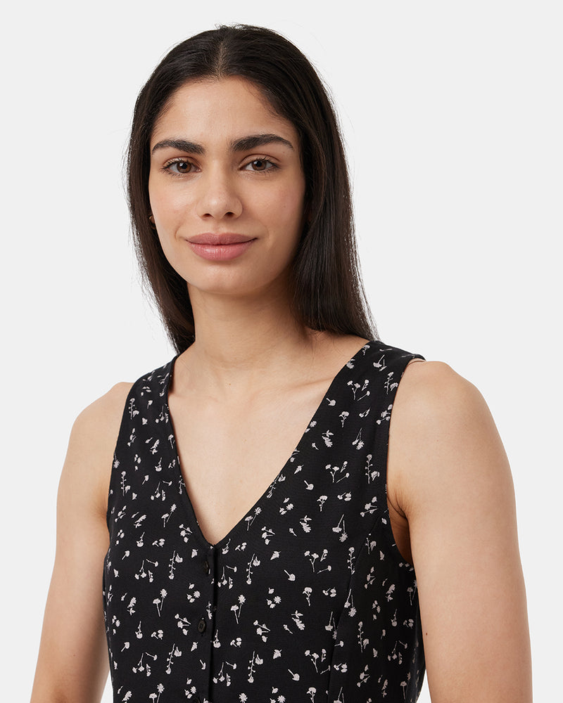 Black-V-Neck-Buttoned-Knee-Length-Tank-Dress