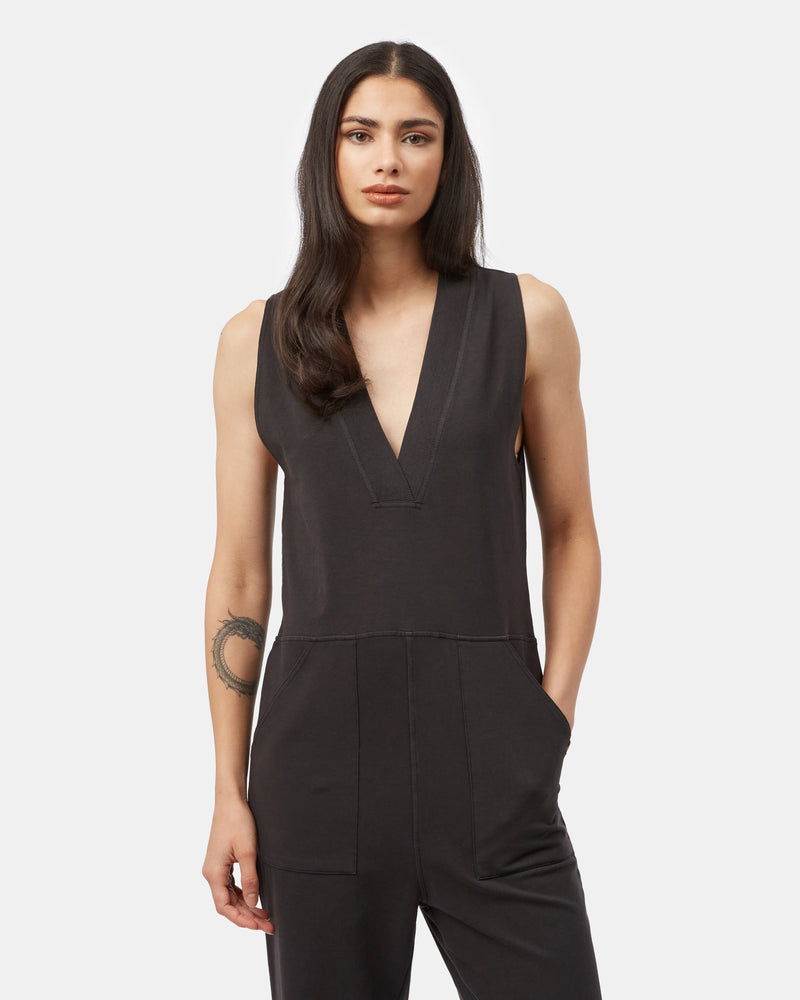 Black-Womens-Organic-Cotton-V-Neck-Romper