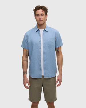 Blue-Dobby-Regular-Collar-Short-Sleeve-Shirt *Model is 6'2", wearing size M