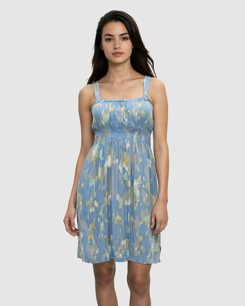 Blue-EcoWoven-Crepe-Smocked-Dress