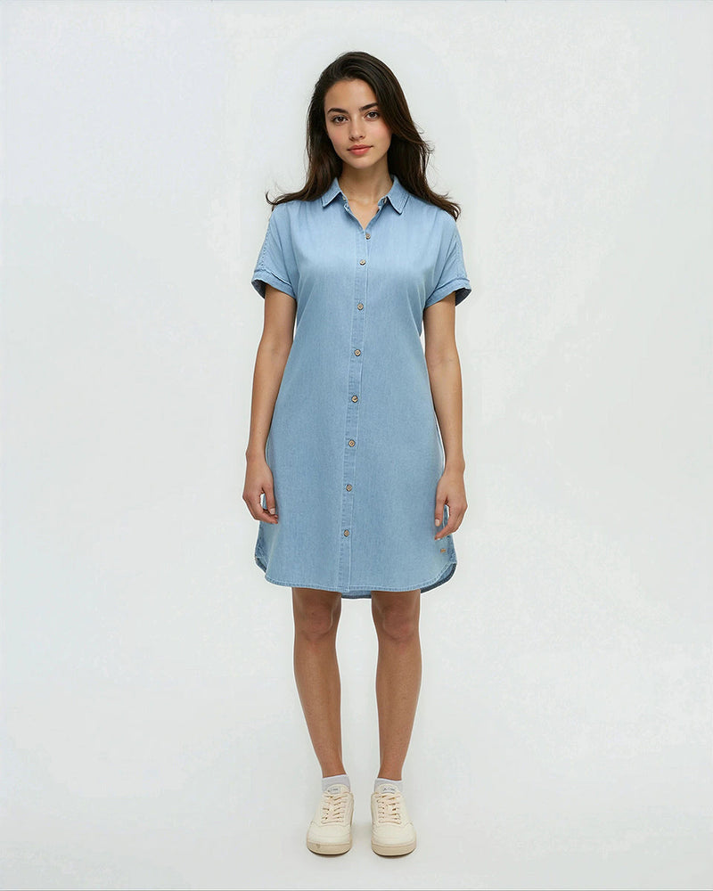 Blue-Organic-Cotton-Denim-Relaxed-Dress *Model is 5’8”, wearing size S