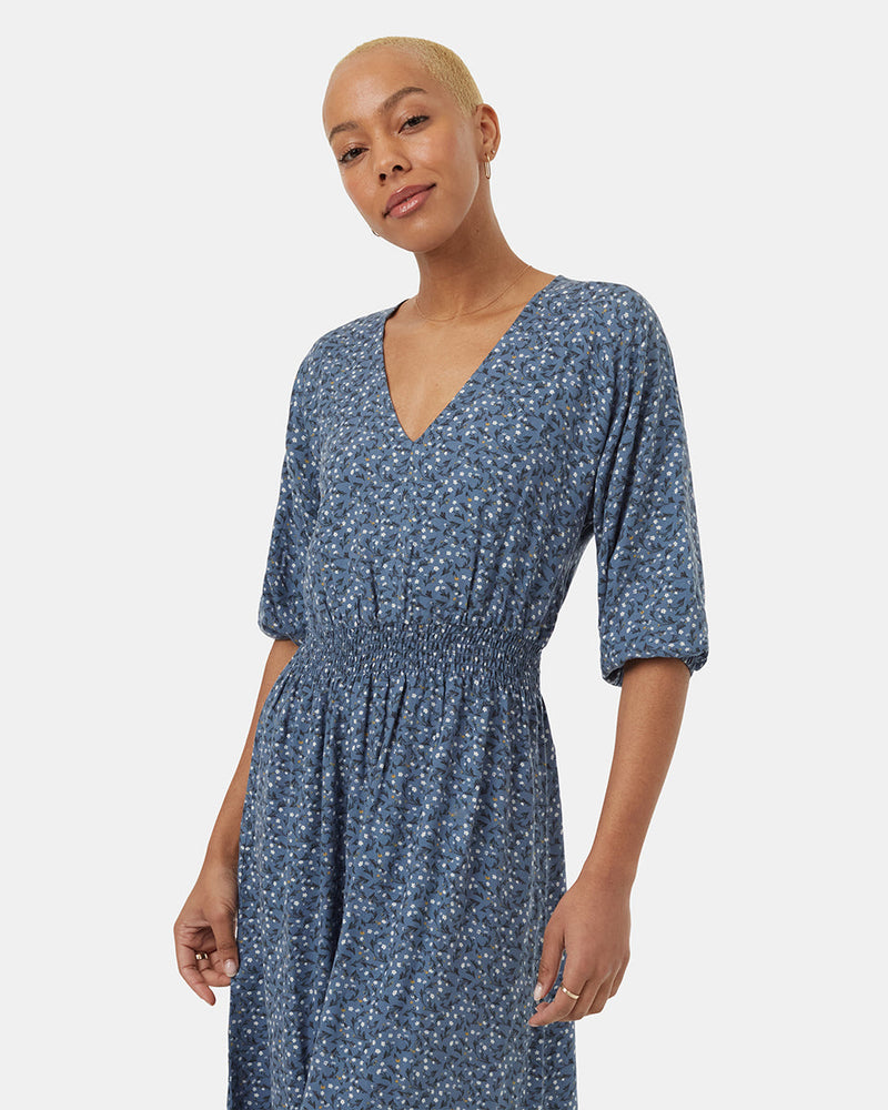 Blue-Raglan-Blouson-Sleeve-Patterned-Maxi-Dress