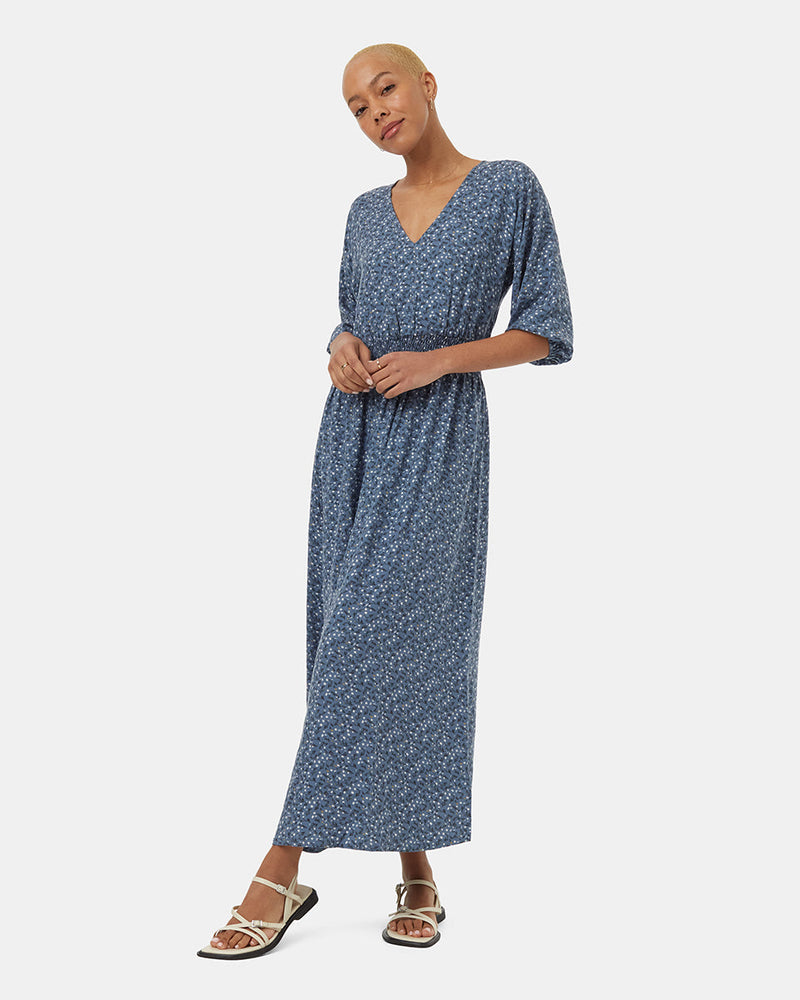 Blue-Raglan-Blouson-Sleeve-Patterned-Maxi-Dress