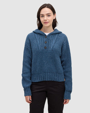 Blue-Women_s-Hooded-Open-Stitch-Sweater *Model is 5'9", wearing size S