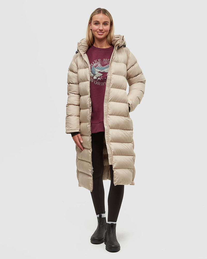 Brown-Cloud-Shell-Long-Puffer *Model is 5'9", wearing size S