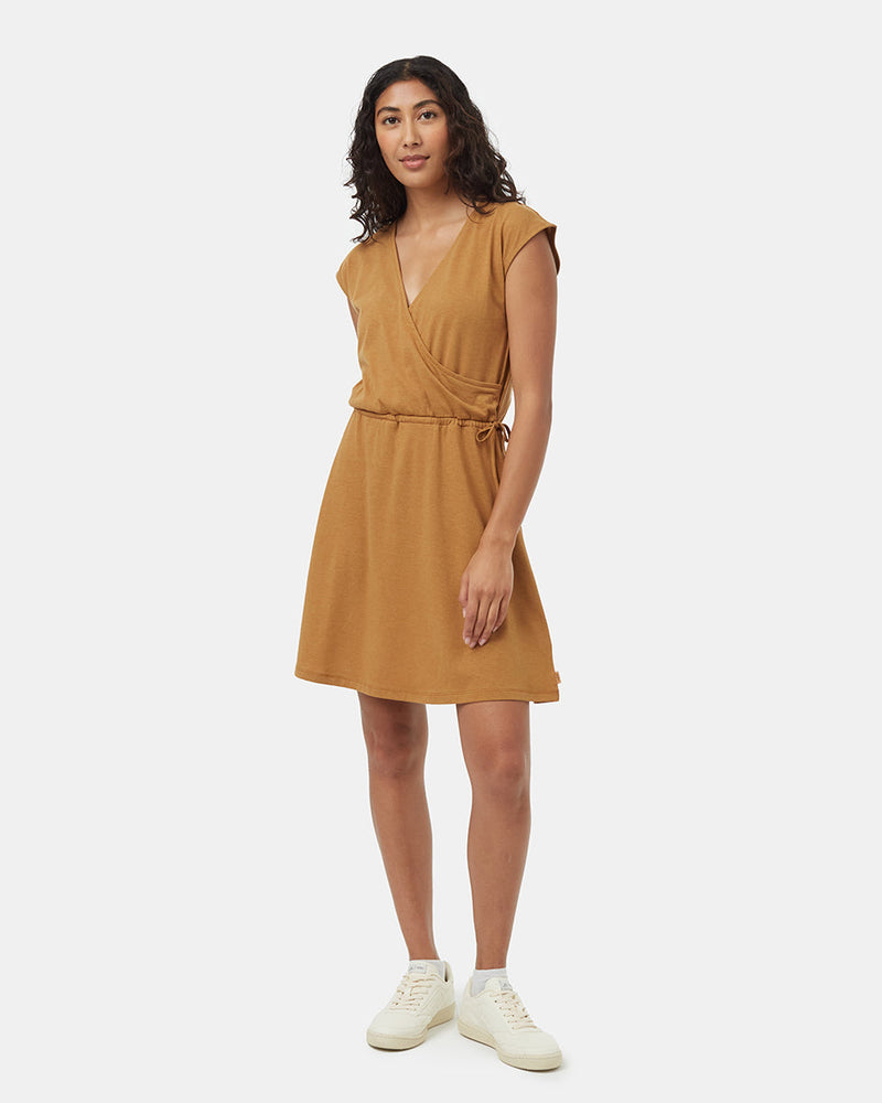 Brown-Knee-Length-V-Neck-Wrap-Front-Dress