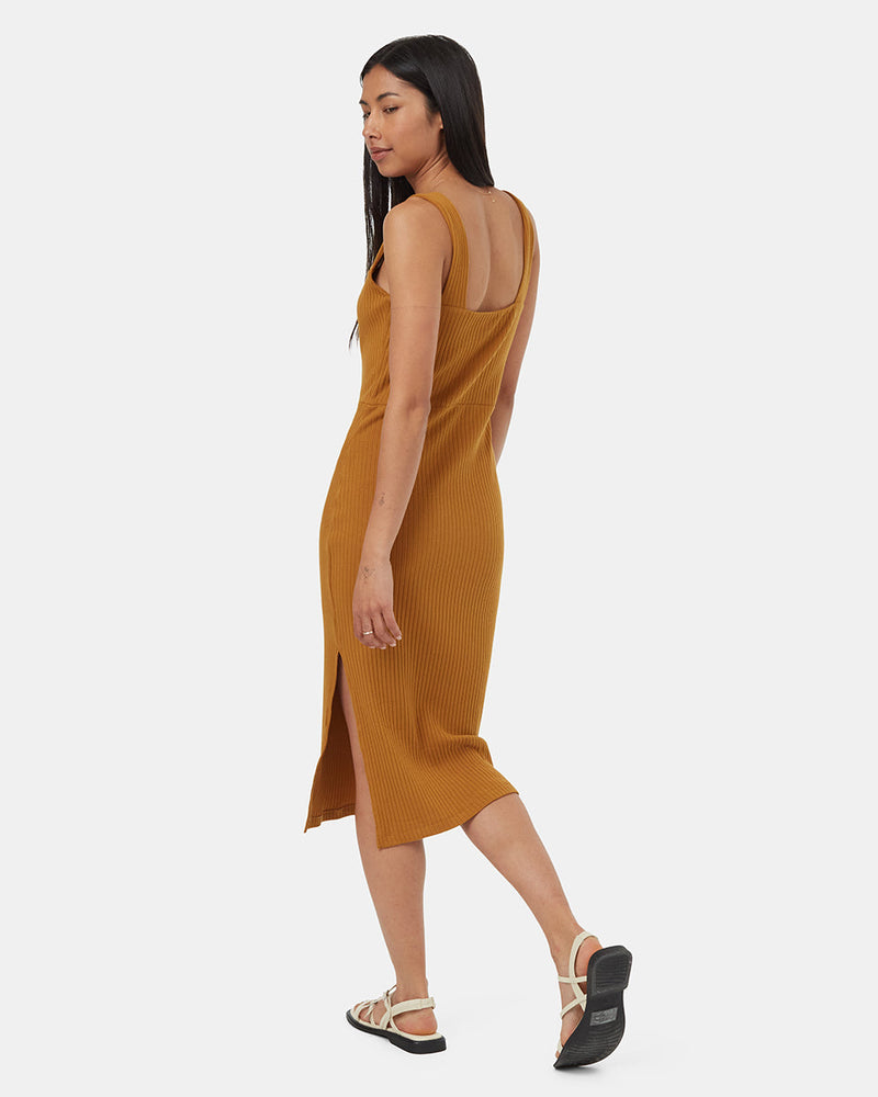 Brown-Rib-Square-Neck-Slim-Fit-Midi-Dress
