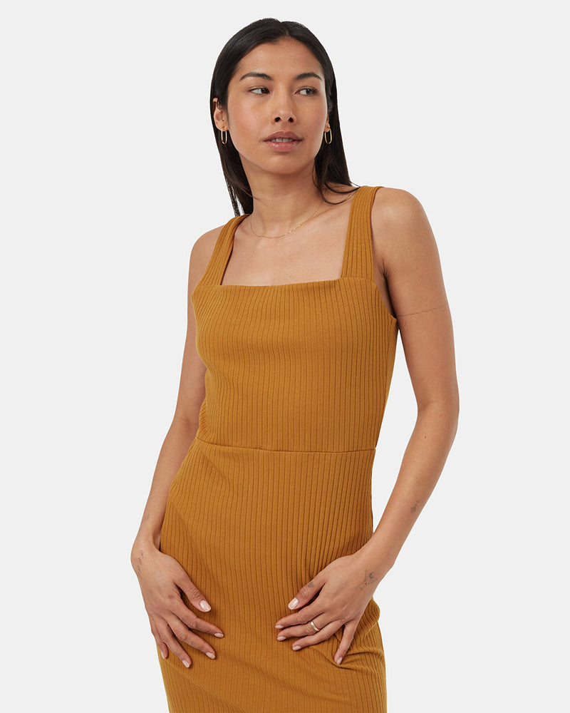Brown-Rib-Square-Neck-Slim-Fit-Midi-Dress