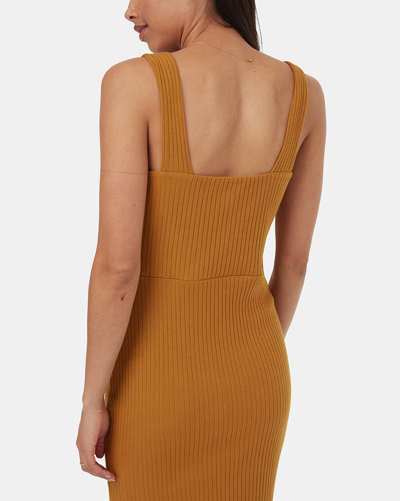 Brown-Rib-Square-Neck-Slim-Fit-Midi-Dress