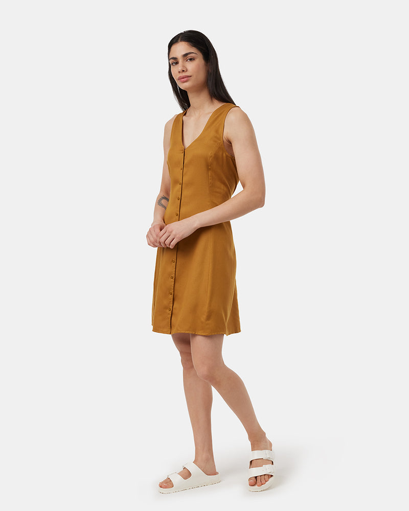 Brown-V-Neck-Buttoned-Knee-Length-Tank-Dress