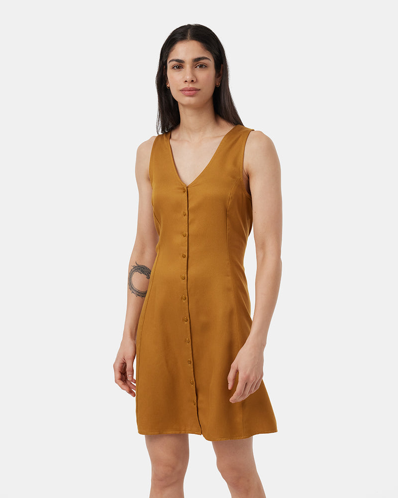 Brown-V-Neck-Buttoned-Knee-Length-Tank-Dress
