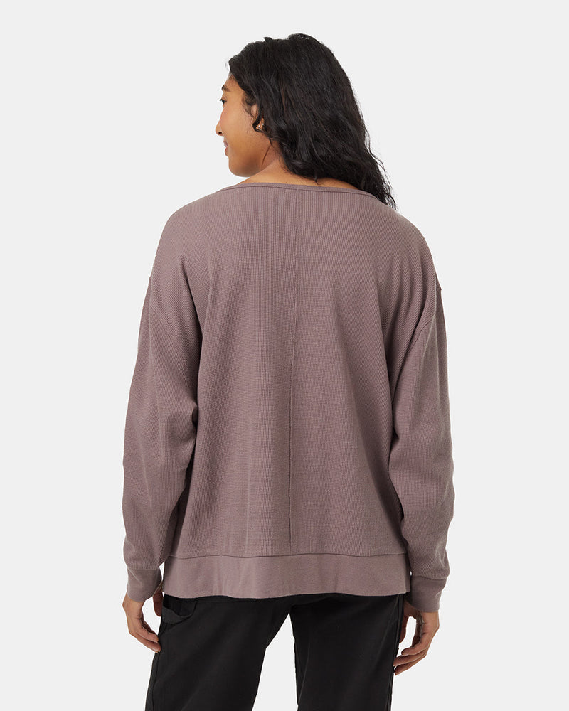 Brown-Waffle-Knit-V-neck-Longsleeve-Shirt