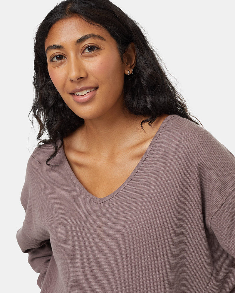 Brown-Waffle-Knit-V-neck-Longsleeve-Shirt