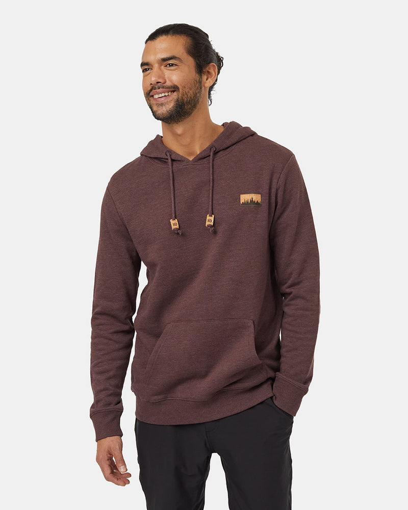 Burgundy-Eco-Friendly-Drawcord-Graphic-Hoodie *Model is 5'11.5", wearing size M