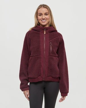Burgundy-Relax-Bonded-Sherpa-Fleece-Zip-Jacket *Model is 5'9", wearing size S