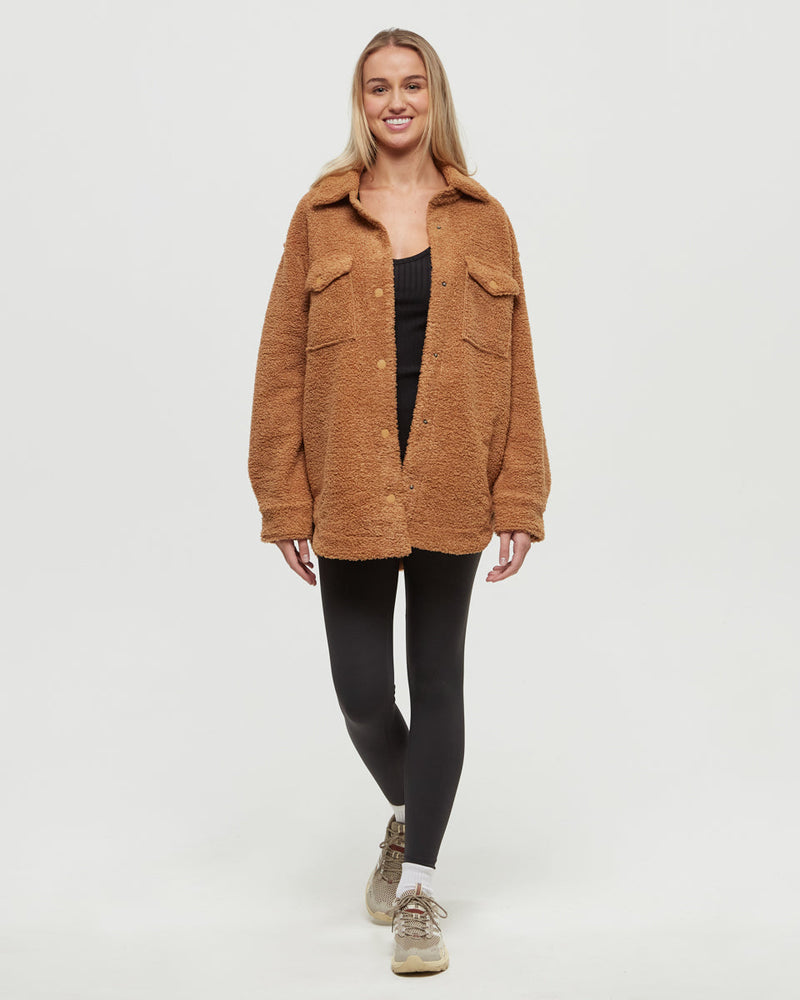 Camel-Boucle-Oversized-Fit-Fleece-Jacket