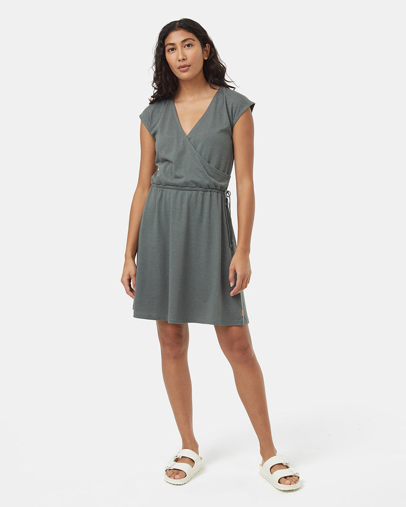 Green-Knee-Length-V-Neck-Wrap-Front-Dress