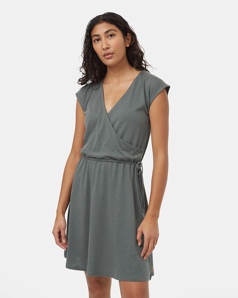 Green-Knee-Length-V-Neck-Wrap-Front-Dress