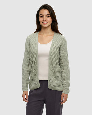 Green-Oversized-Organic-Cotton-Woven-Cardigan *Model is 5'9", wearing size S