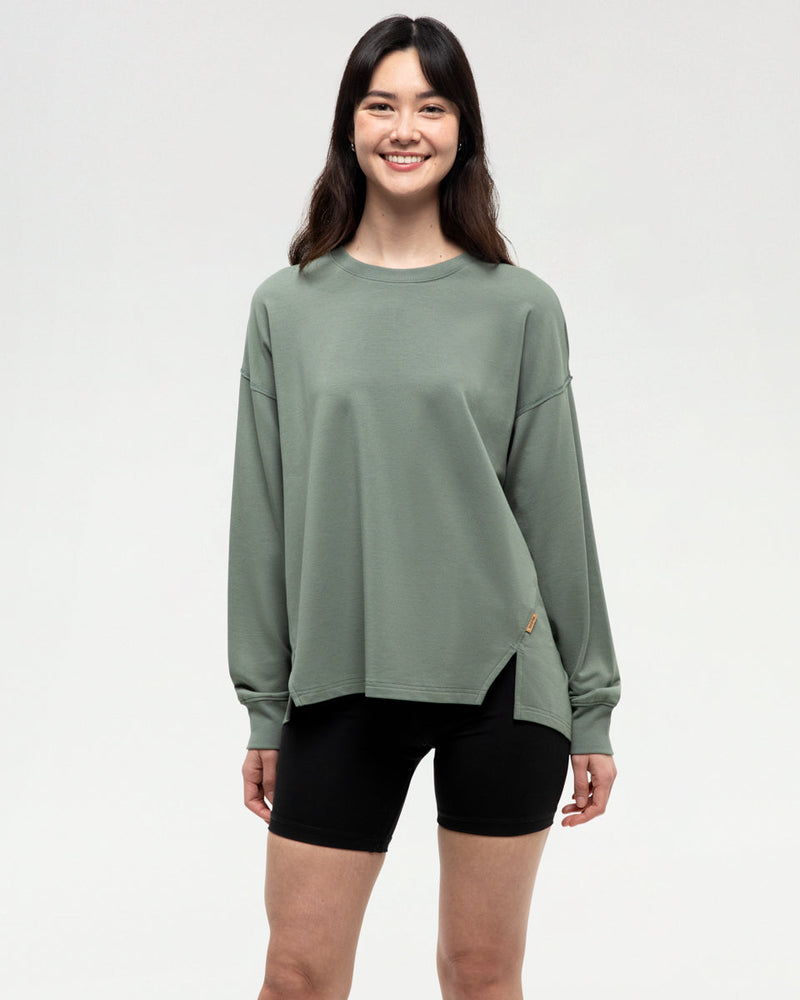 Green-Ribbed-Crew-Neck-Oversized-Fleece-Sweatshirt