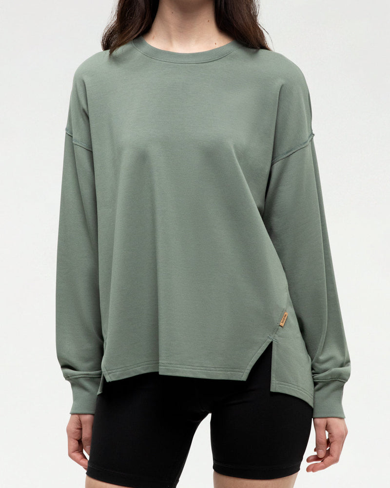 Green-Ribbed-Crew-Neck-Oversized-Fleece-Sweatshirt