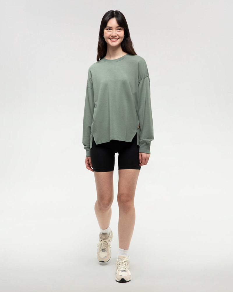 Green-Ribbed-Crew-Neck-Oversized-Fleece-Sweatshirt