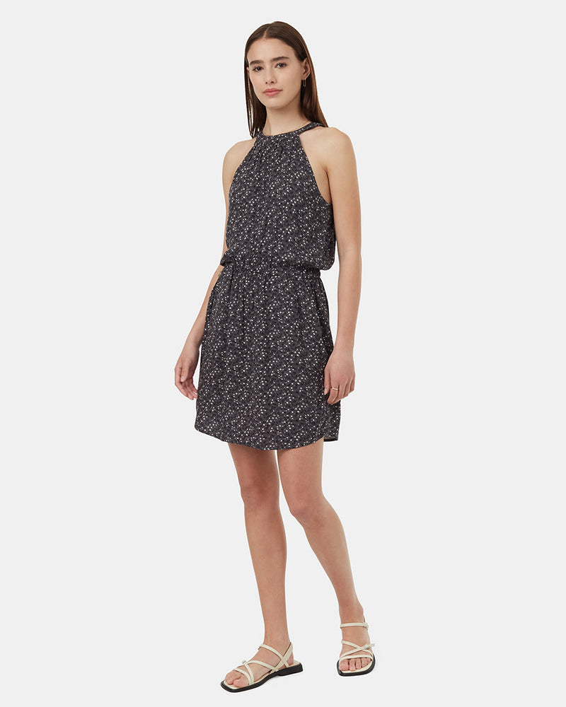Grey-Knee-Length-Patterned-Crepe-Halter-Dress *Model is 5'9.5", wearing size S