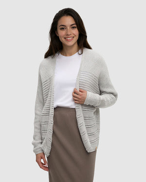Grey-Oversized-Organic-Cotton-Woven-Cardigan *Model is 5'9", wearing size S