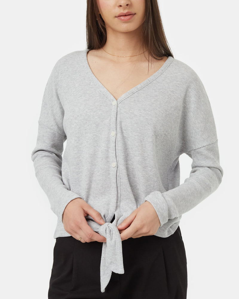 Grey-V-Neck-Long-Sleeve-Tie-Front-Top