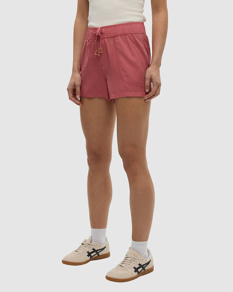 Red-Tencel-Twill-Mid-Rise-Pull-On-Short