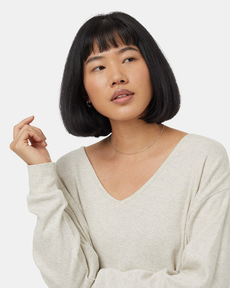 White-Waffle-Knit-V-neck-Longsleeve-Shirt