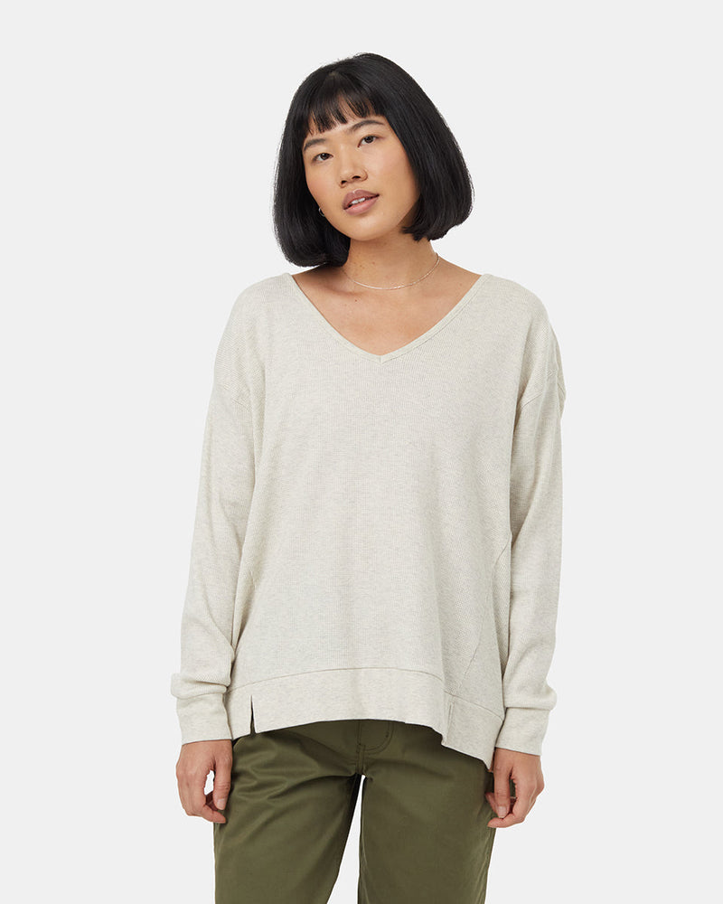 White-Waffle-Knit-V-neck-Longsleeve-Shirt
