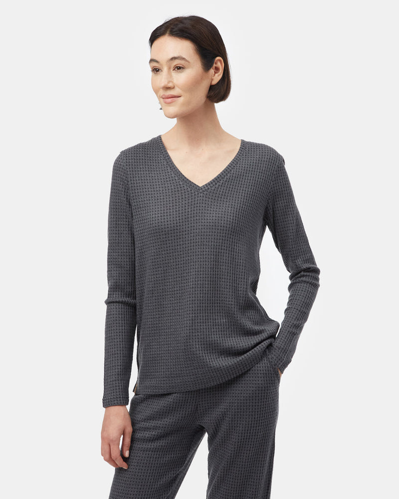 Black Women's Waffle Knit V-Neck Top