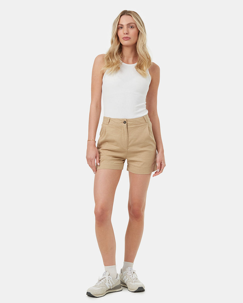 Brown-Womens-Hemp-Pleated-High-Waisted-Shorts