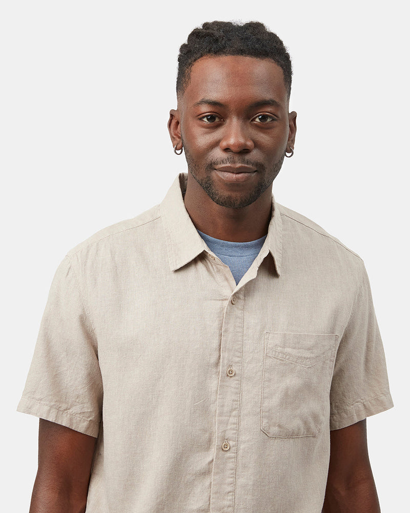 Gray,White Men's Hemp Button Up Short Sleeve Shirt
