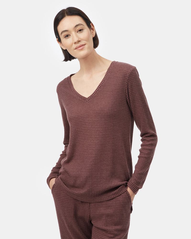 Red Women's Waffle Knit V-Neck Top